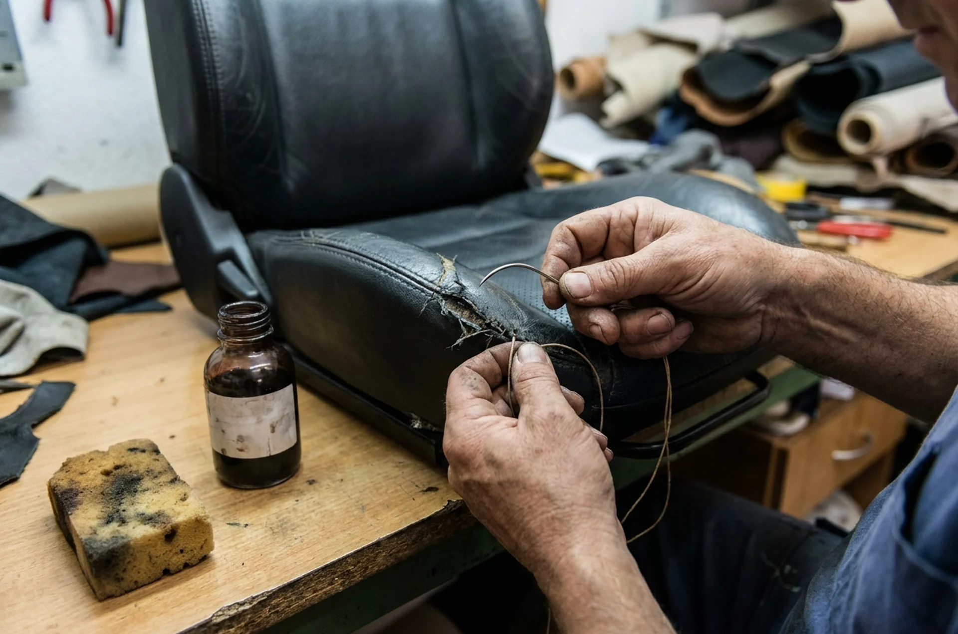 Reparación de piel en el asiento de un coche